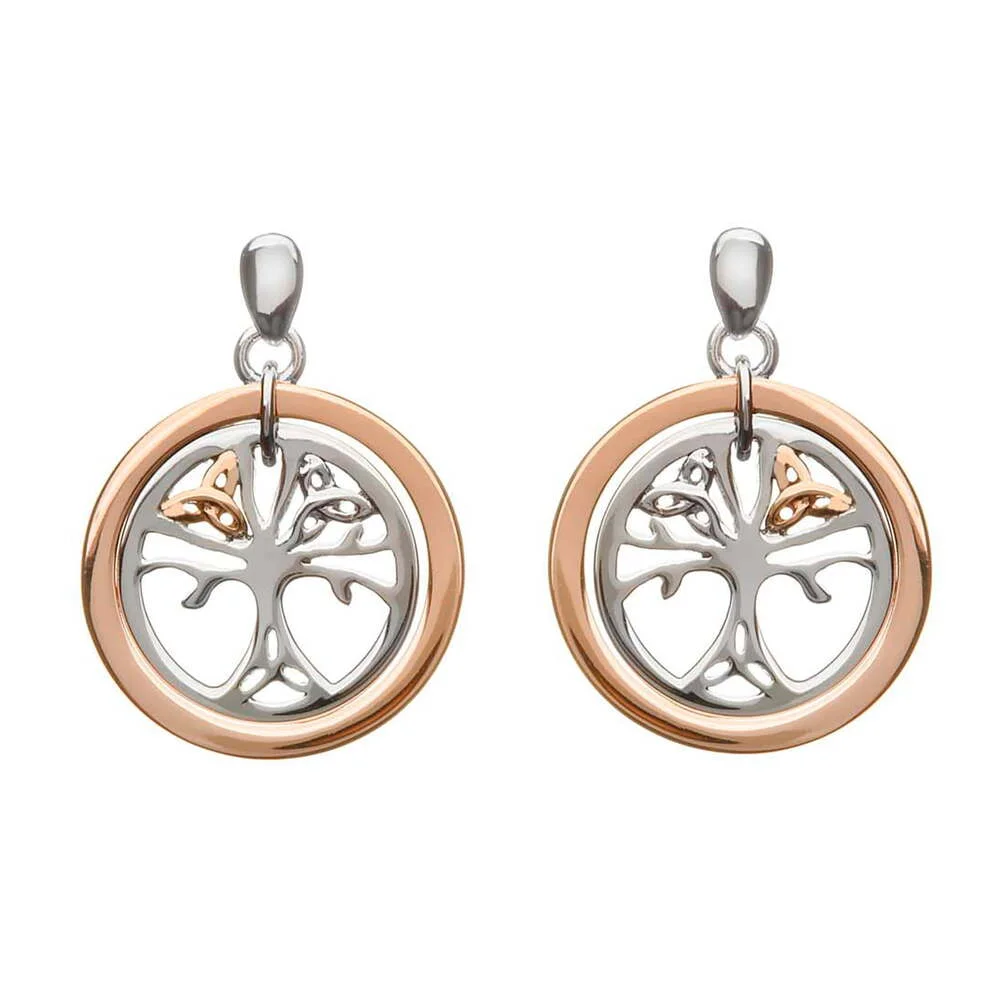 House Of Lor Silver & Irish Rose Gold Celtic Tree Of Life Drop Earrings
