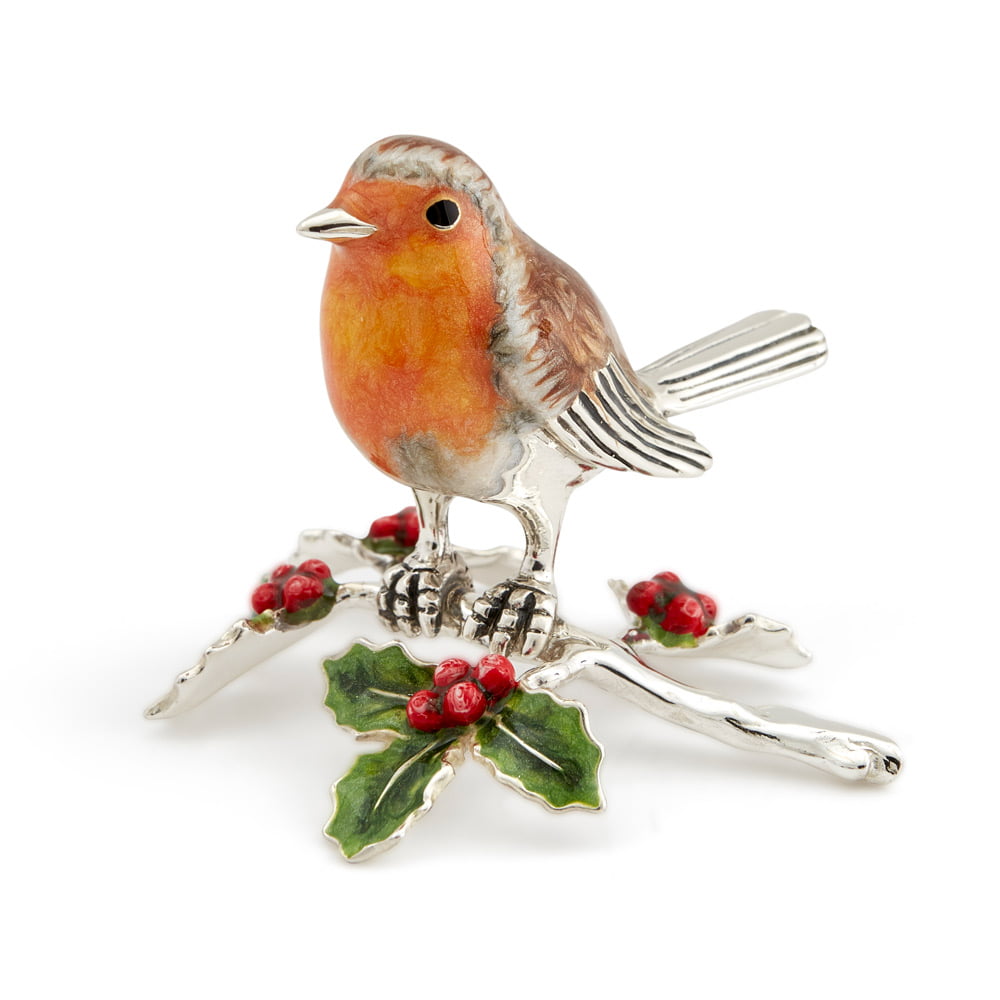 Saturno Silver & Enamel Robin on a Holly Branch Ornament