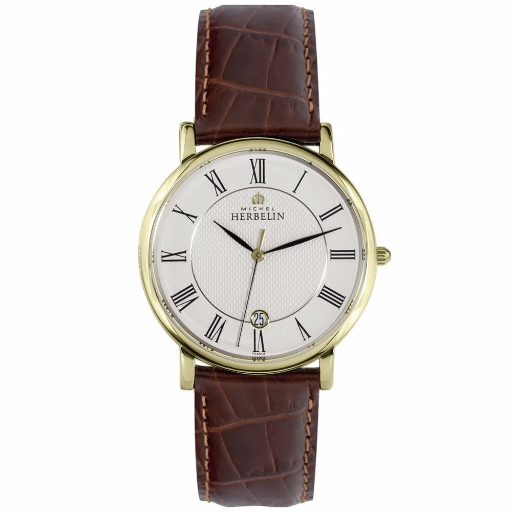 Herbelin Mens Classic Brown Leather Strap Quartz Watch