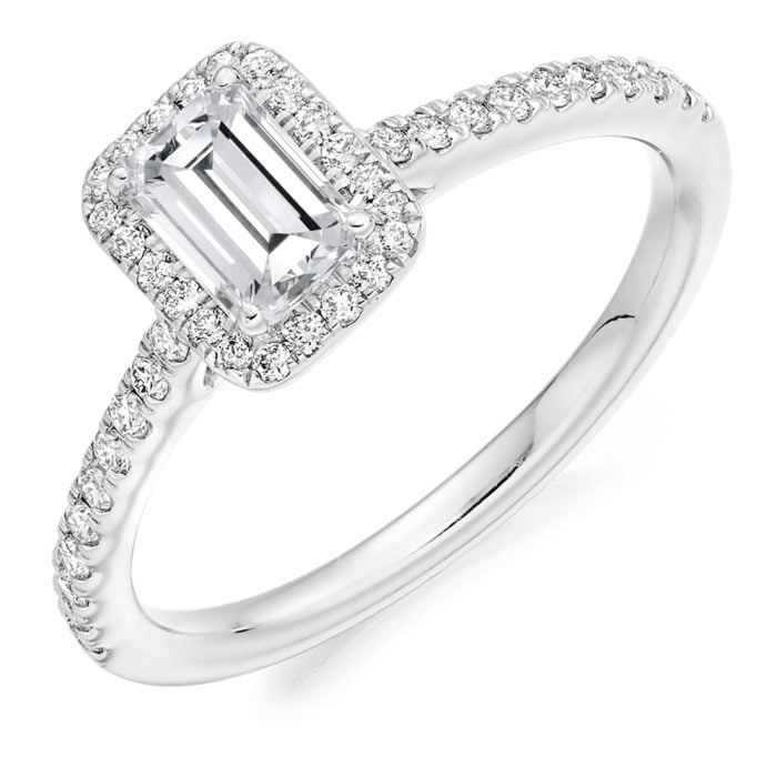 Platinum 0.80ct Emerald Cut Diamond Halo Engagement Ring with diamond shoulders