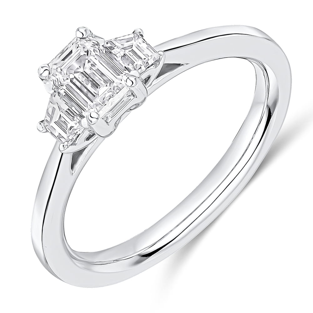 Platinum 0.75ct Diamond Emerald Cut Trilogy Engagement Ring