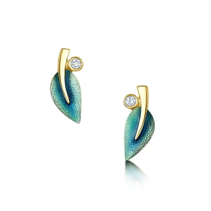 Sheila Fleet 18ct Gold Green Enamel Diamond Leaf Stud earrings