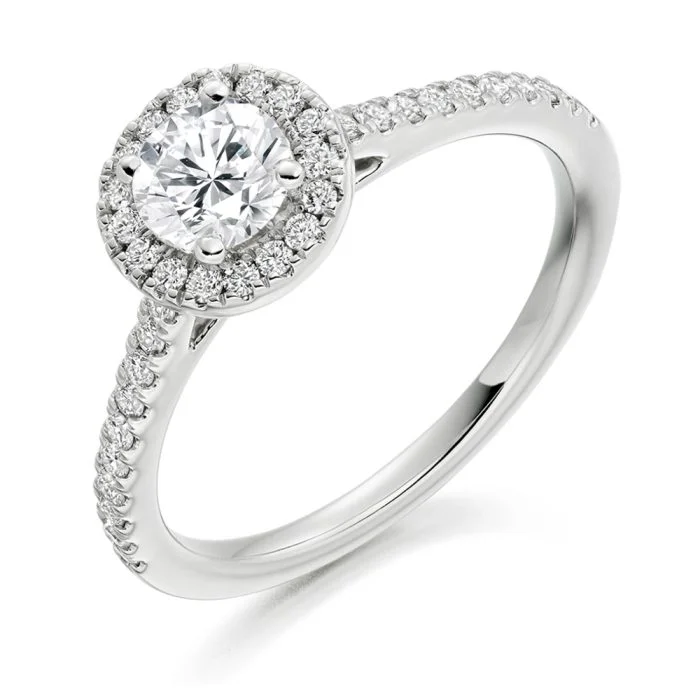 platinum 0.85ct Diamond Halo engagement ring with diamond shoulders