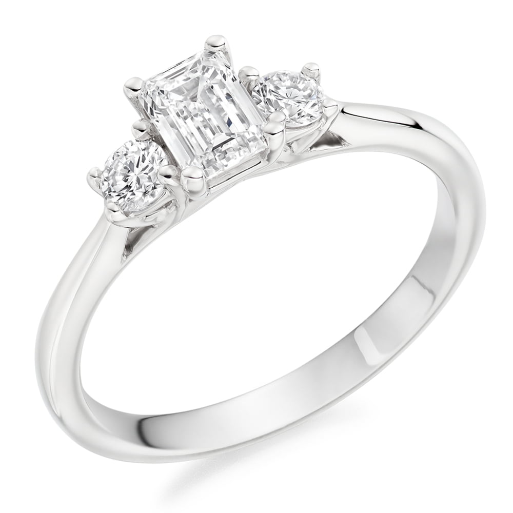 Platinum 0.73ct Emerald Cut Diamond Trilogy Engagement Ring