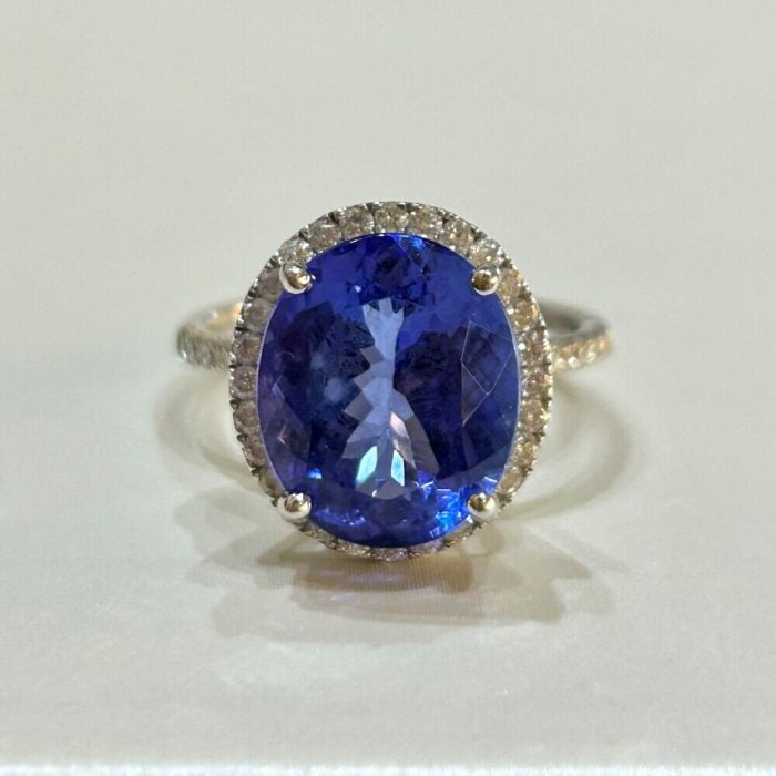Pre-Owned 18ct White Gold Tanzanite and Diamond Halo Ring