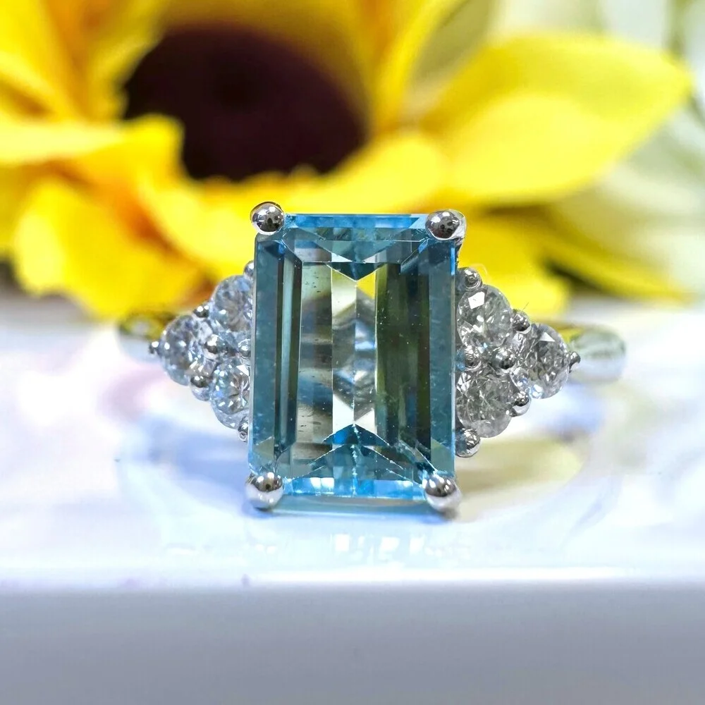 Platinum Aquamarine Diamond Solitaire Ring - Main Image