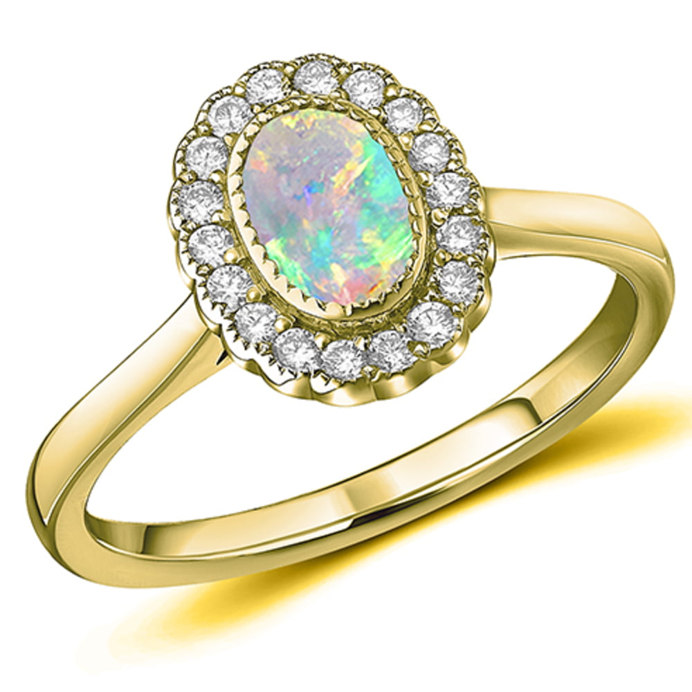 18ct Yellow Gold Opal & Diamond Cluster Ring