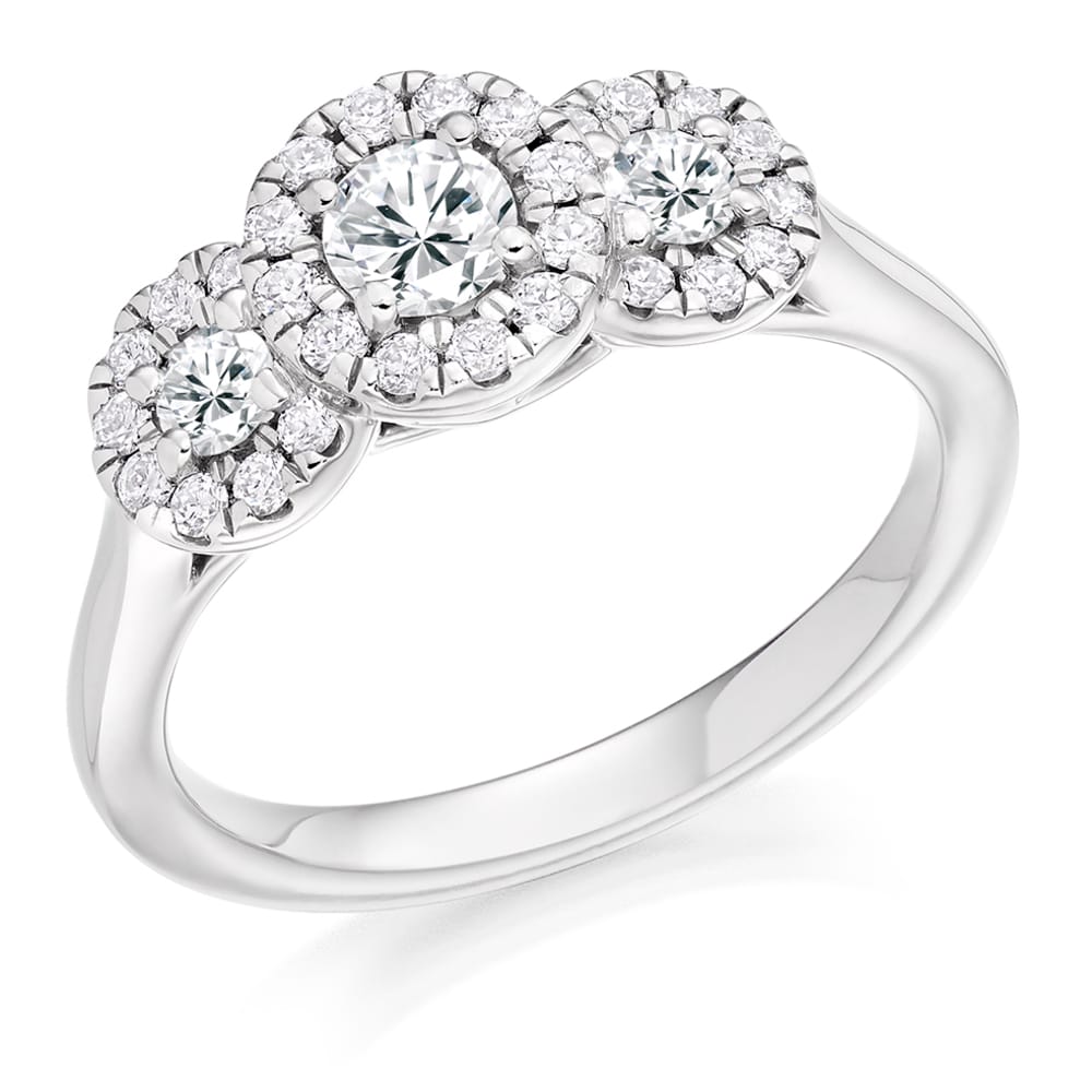 Platinum 0.75ct Round Diamond Trilogy Set Halo Ring
