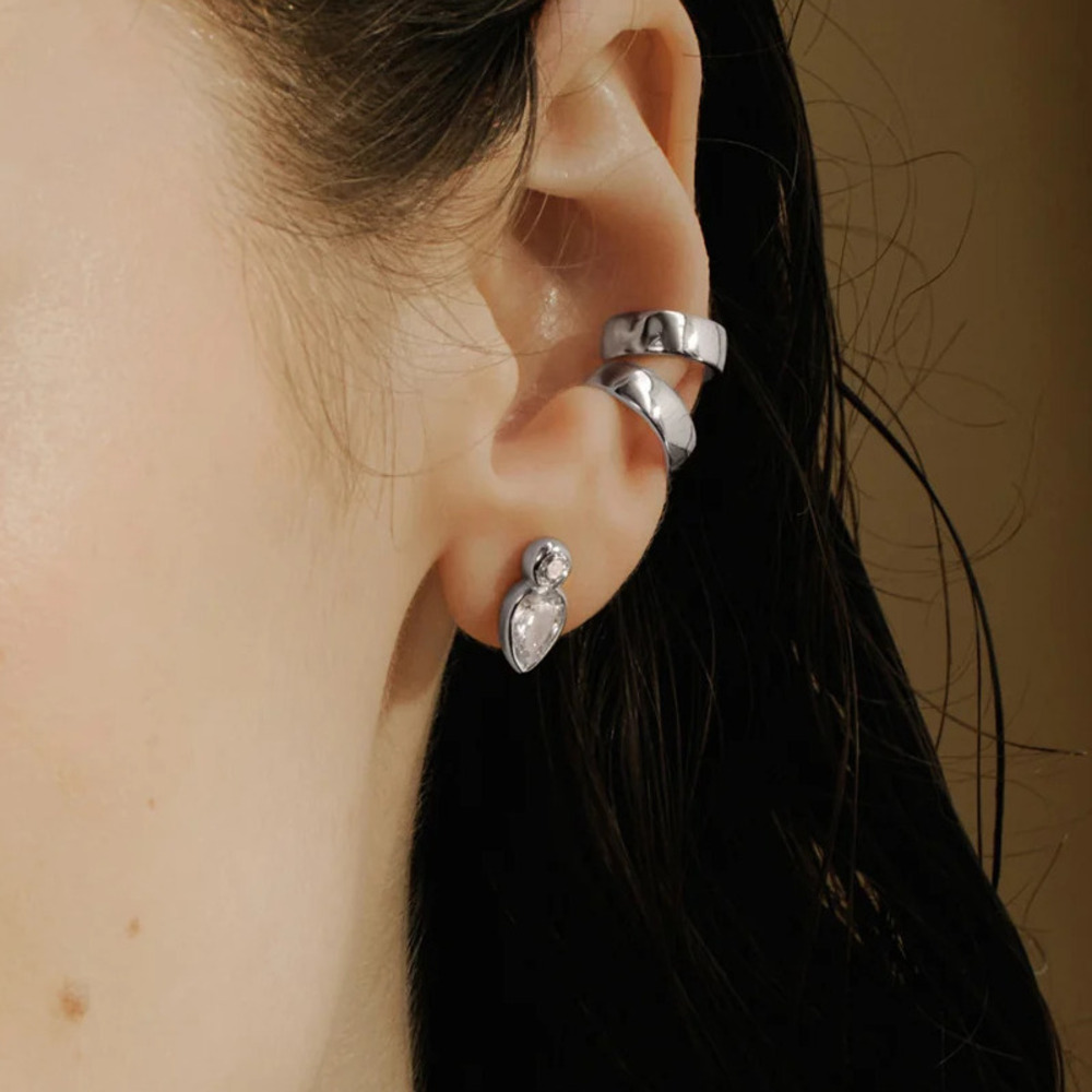 Silver Bezel Inverted Teardrop & Round Stud Earrings Ania Haie - Image 2